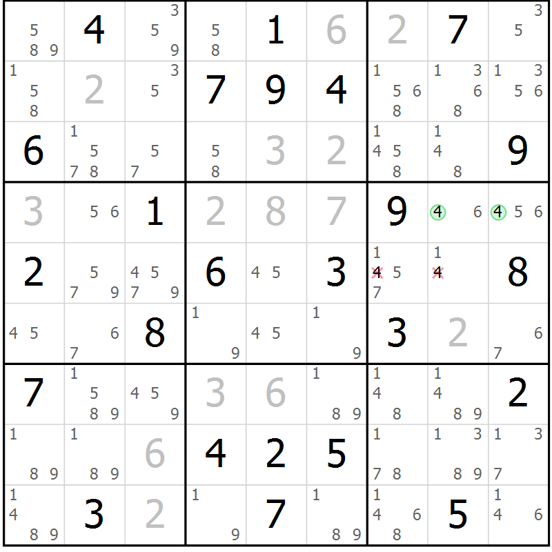 Position des candidats pour la solution de la Gr 56 page 59 du magazine de sudoku Maestro n° 103