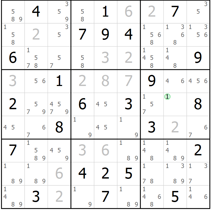 Position des candidats pour la solution de la Gr 56 page 59 du magazine de sudoku Maestro n° 103