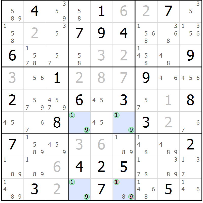 Position des candidats pour la solution de la Gr 56 page 59 du magazine de sudoku Maestro n° 103