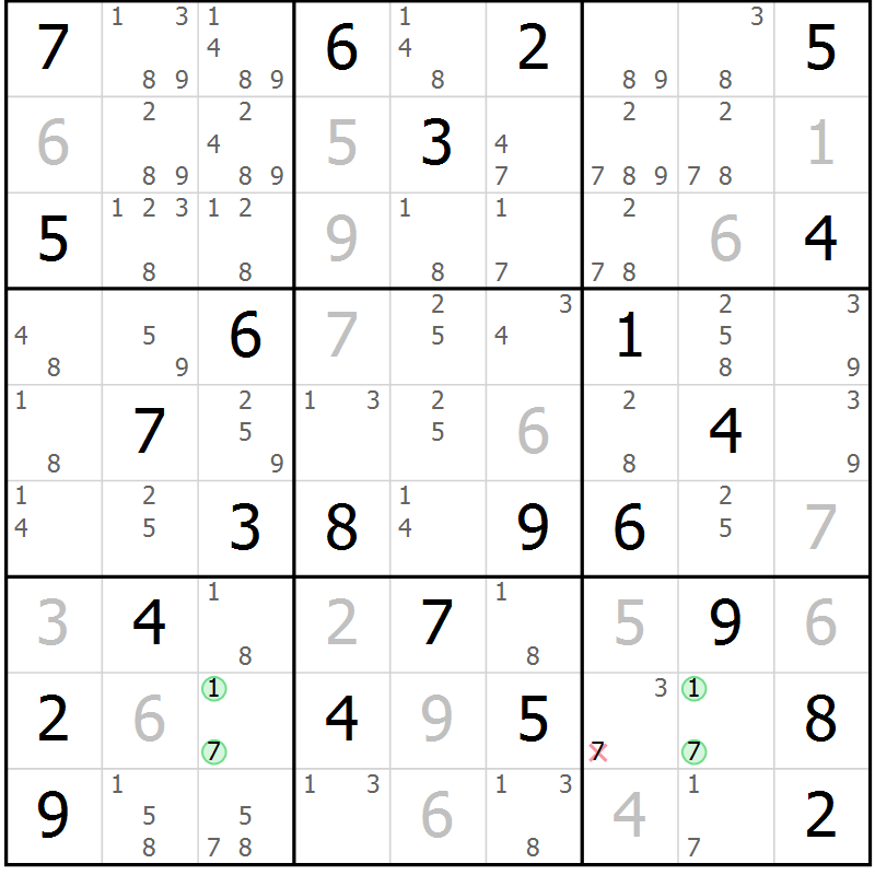 Position des candidats pour la solution de la Gr 57 page 60 du magazine de sudoku Maestro n° 103