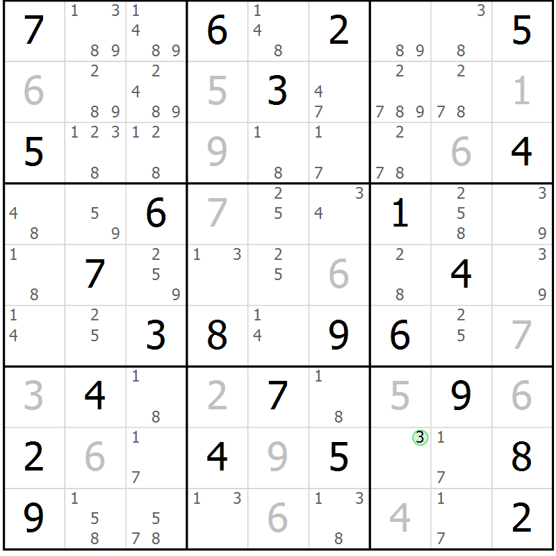 Position des candidats pour la solution de la Gr 57 page 60 du magazine de sudoku Maestro n° 103