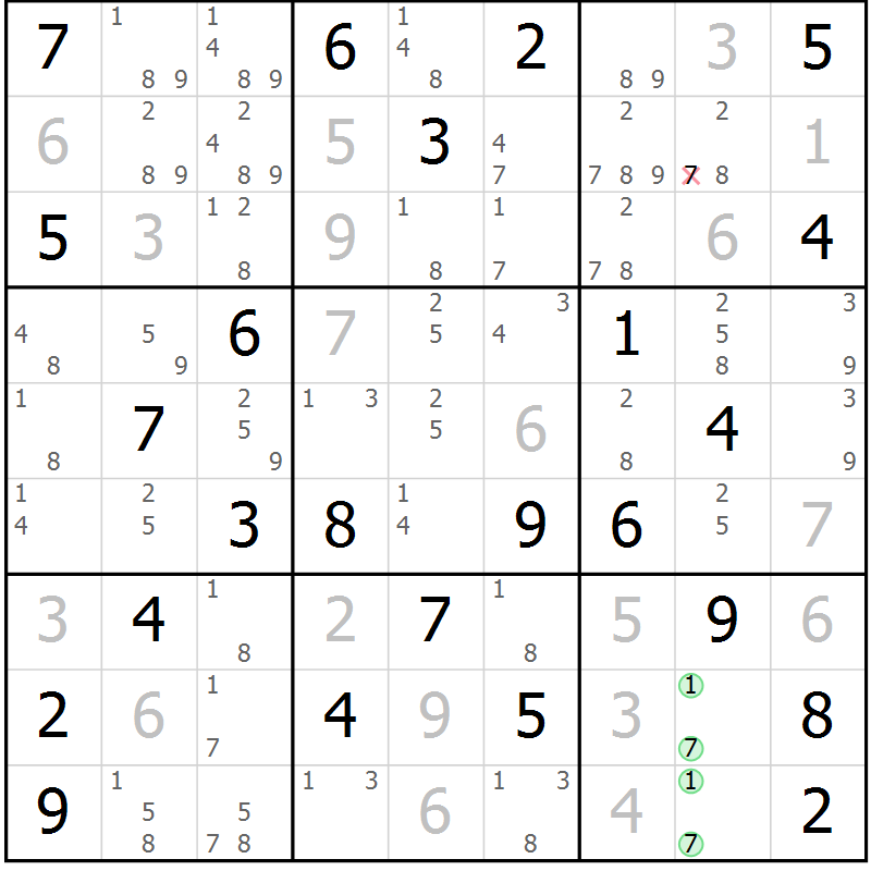 Position des candidats pour la solution de la Gr 57 page 60 du magazine de sudoku Maestro n° 103