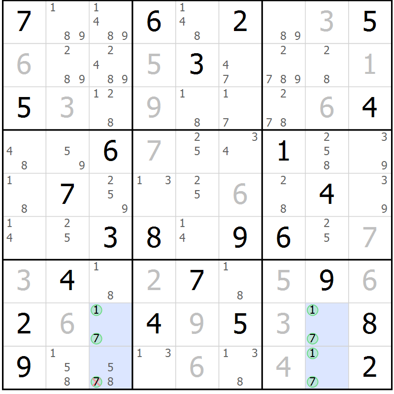 Position des candidats pour la solution de la Gr 57 page 60 du magazine de sudoku Maestro n° 103