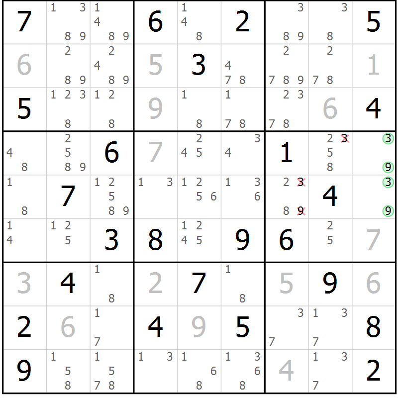 Position des candidats pour la solution de la Gr 57 page 60 du magazine de sudoku Maestro n° 103