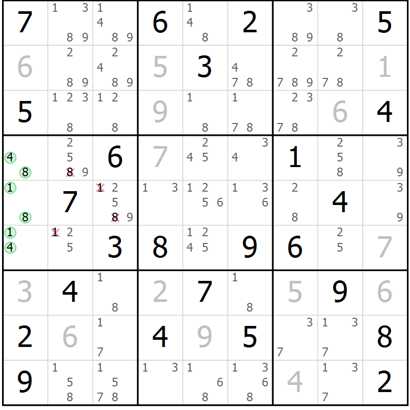 Position des candidats pour la solution de la Gr 57 page 60 du magazine de sudoku Maestro n° 103