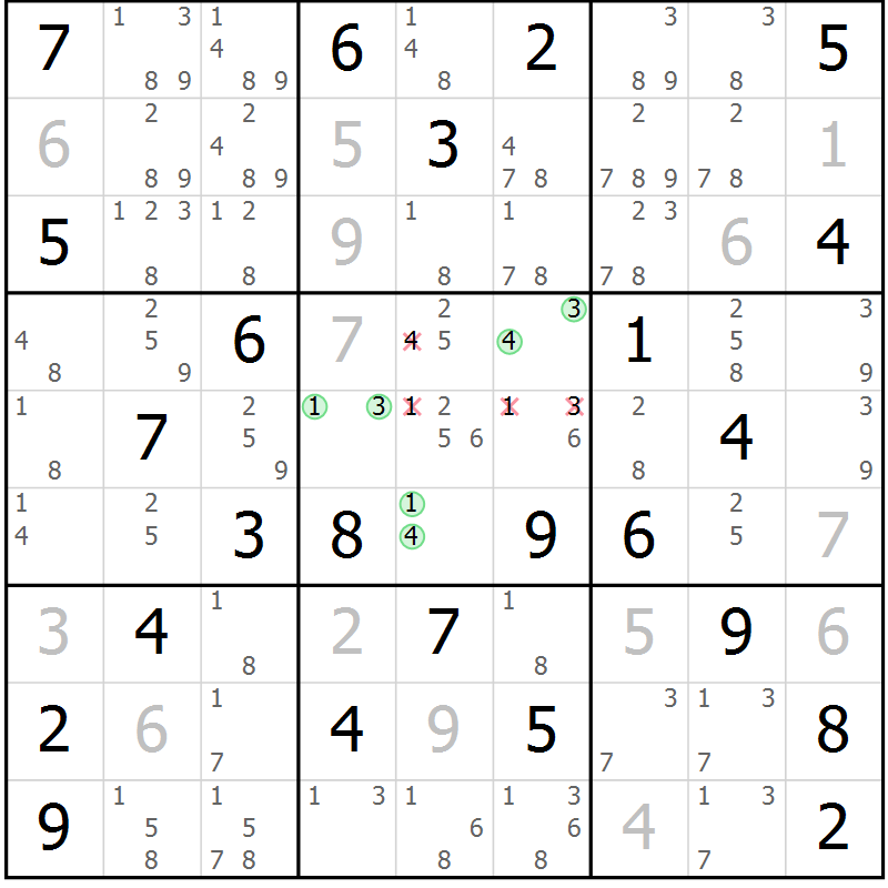 Position des candidats pour la solution de la Gr 57 page 60 du magazine de sudoku Maestro n° 103