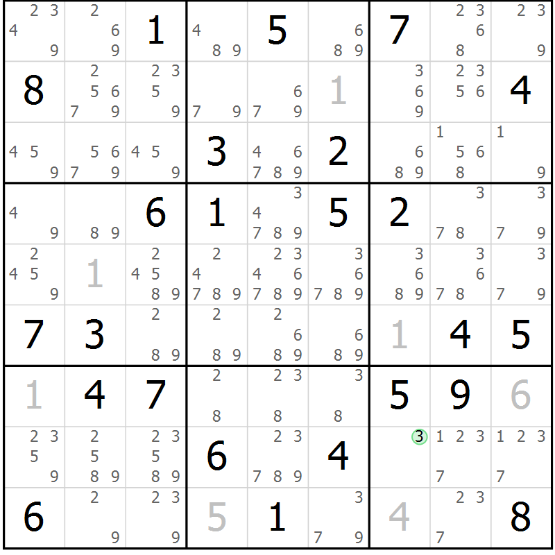 Position des candidats pour la solution de la Gr 58 page 61 du magazine de sudoku Maestro n° 103