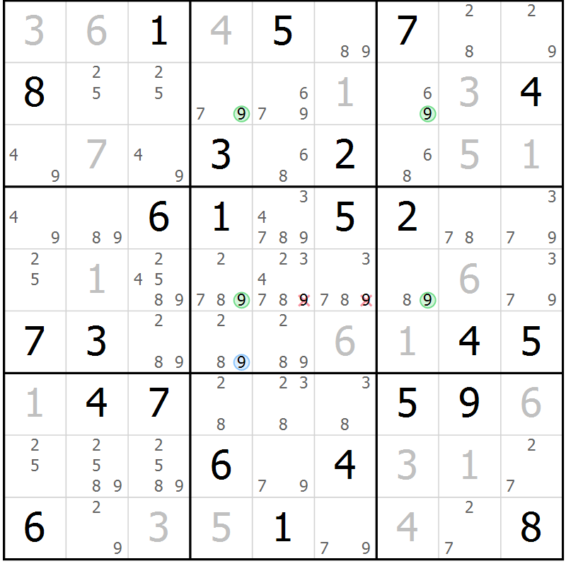 Position des candidats pour la solution de la Gr 58 page 61 du magazine de sudoku Maestro n° 103