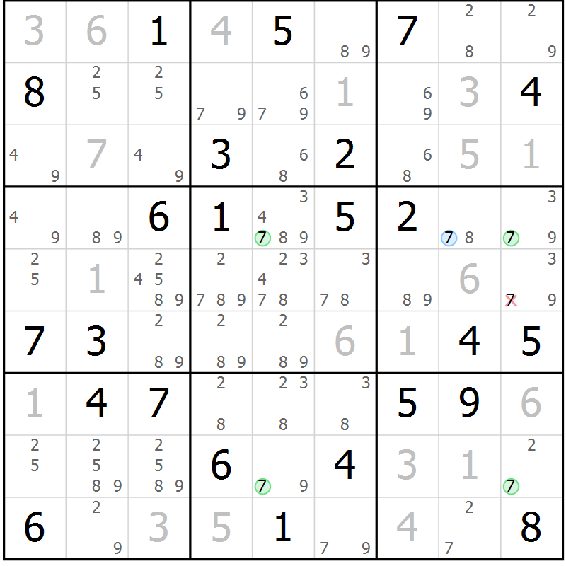Position des candidats pour la solution de la Gr 58 page 61 du magazine de sudoku Maestro n° 103