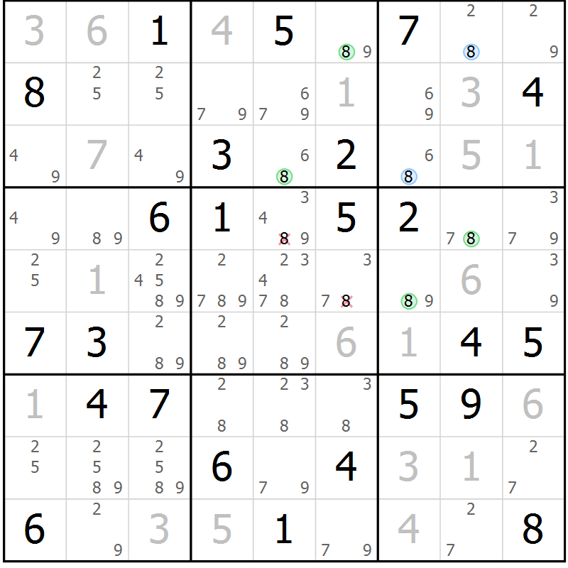 Position des candidats pour la solution de la Gr 58 page 61 du magazine de sudoku Maestro n° 103