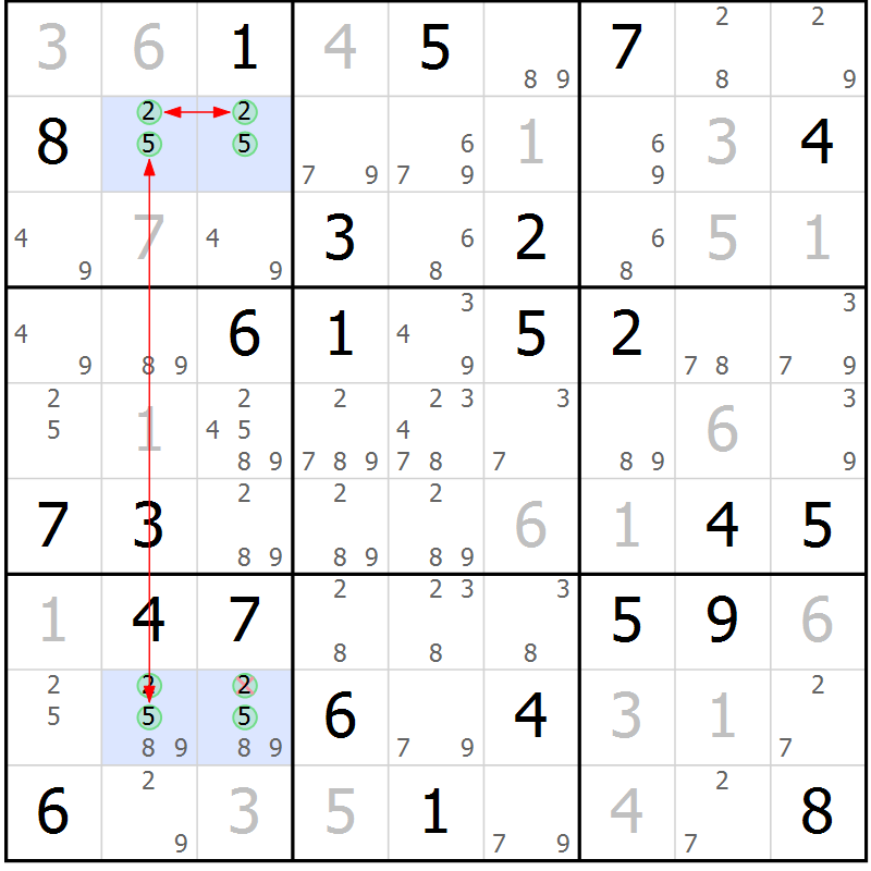Position des candidats pour la solution de la Gr 58 page 61 du magazine de sudoku Maestro n° 103