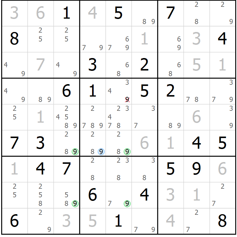 Position des candidats pour la solution de la Gr 58 page 61 du magazine de sudoku Maestro n° 103