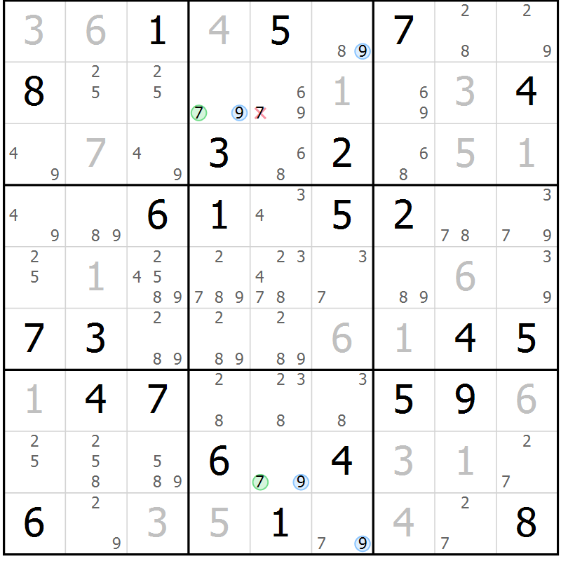 Position des candidats pour la solution de la Gr 58 page 61 du magazine de sudoku Maestro n° 103