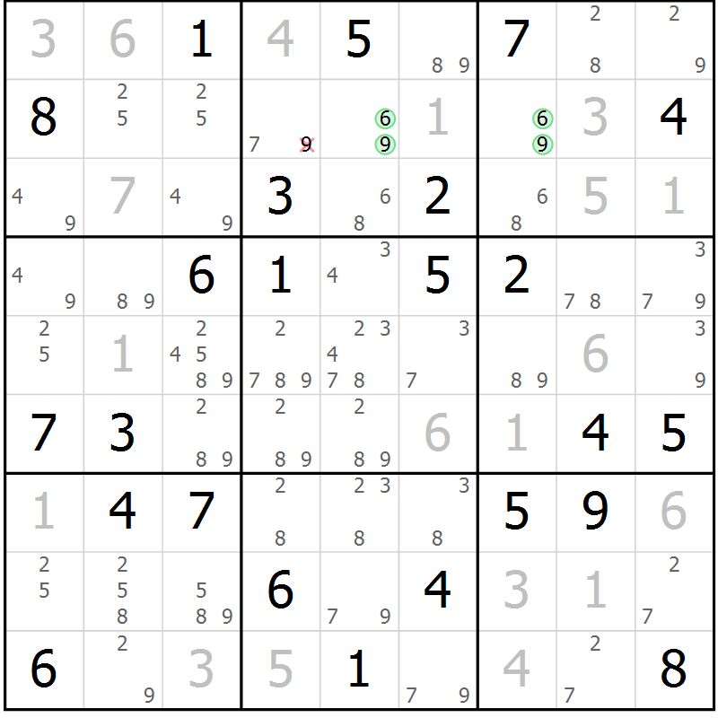Position des candidats pour la solution de la Gr 58 page 61 du magazine de sudoku Maestro n° 103