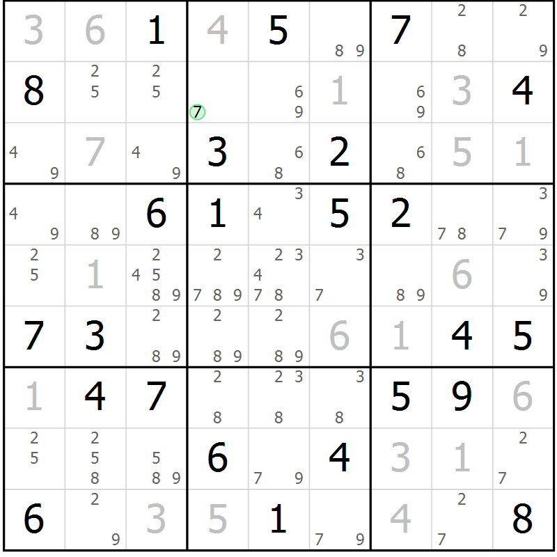 Position des candidats pour la solution de la Gr 58 page 61 du magazine de sudoku Maestro n° 103