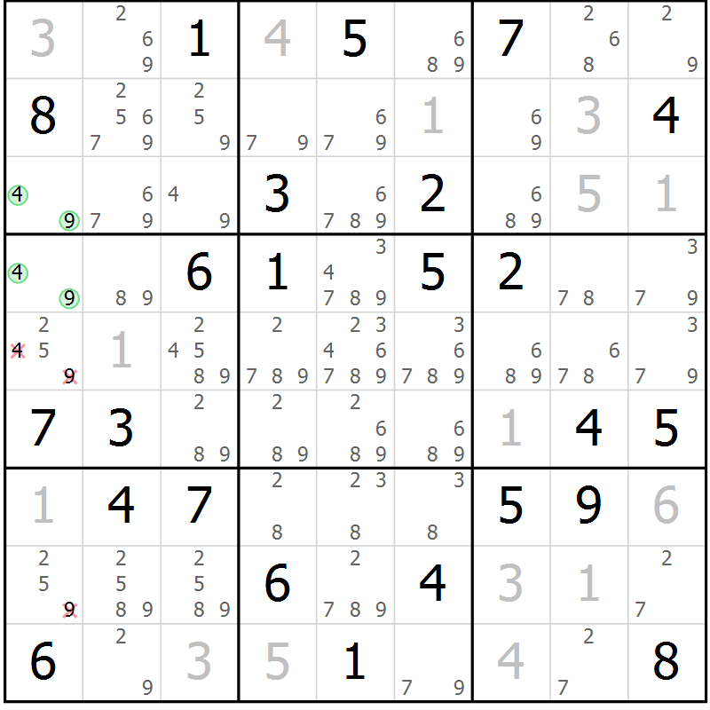 Position des candidats pour la solution de la Gr 58 page 61 du magazine de sudoku Maestro n° 103