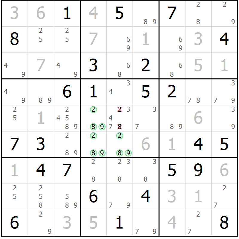 Position des candidats pour la solution de la Gr 58 page 61 du magazine de sudoku Maestro n° 103