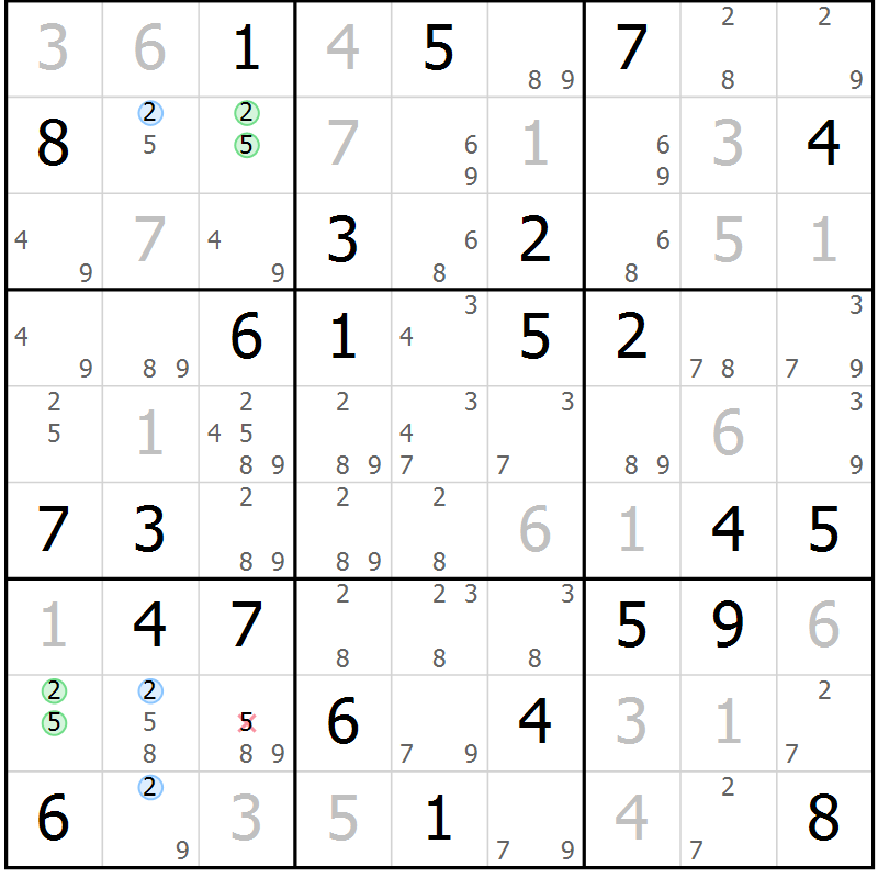 Position des candidats pour la solution de la Gr 58 page 61 du magazine de sudoku Maestro n° 103