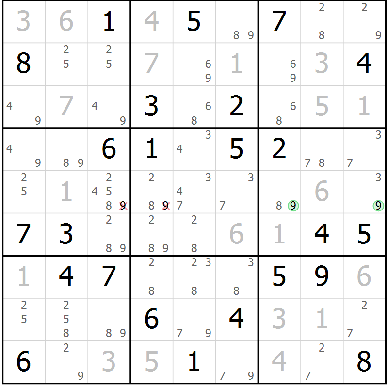 Position des candidats pour la solution de la Gr 58 page 61 du magazine de sudoku Maestro n° 103