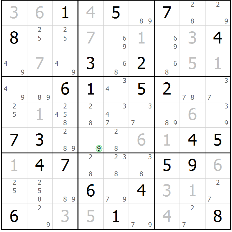 Position des candidats pour la solution de la Gr 58 page 61 du magazine de sudoku Maestro n° 103