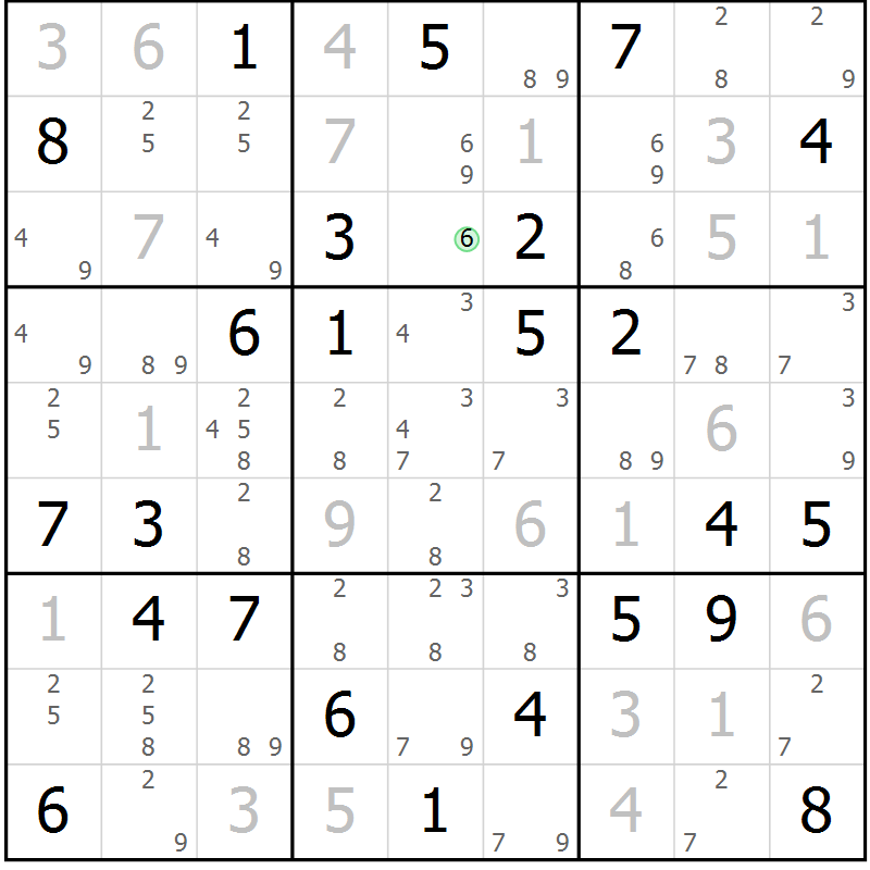 Position des candidats pour la solution de la Gr 58 page 61 du magazine de sudoku Maestro n° 103