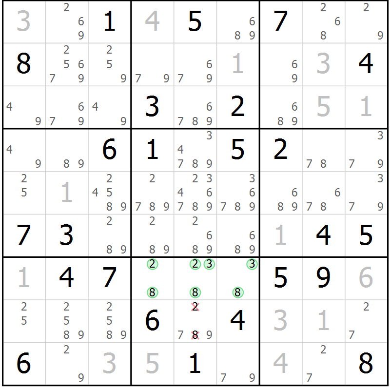 Position des candidats pour la solution de la Gr 58 page 61 du magazine de sudoku Maestro n° 103