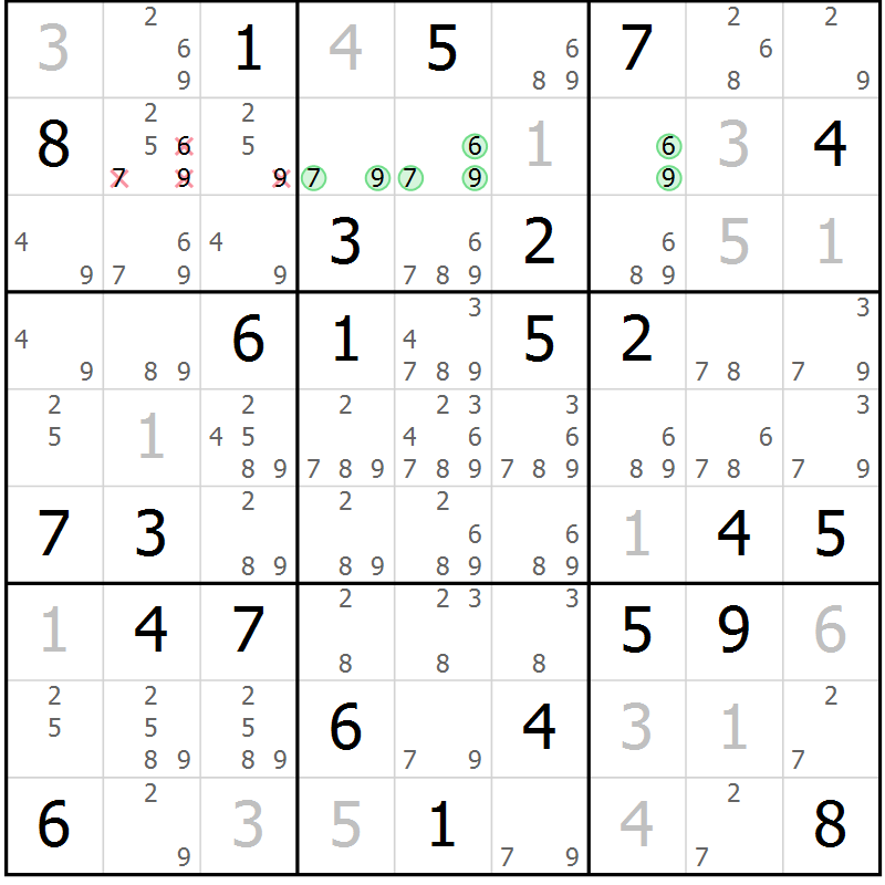 Position des candidats pour la solution de la Gr 58 page 61 du magazine de sudoku Maestro n° 103