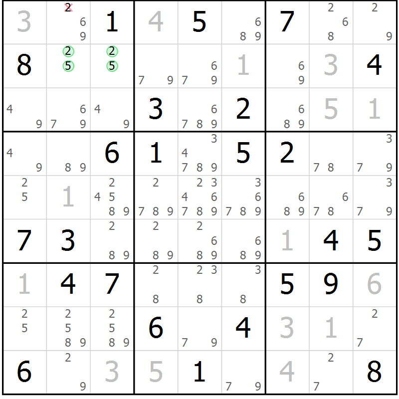 Position des candidats pour la solution de la Gr 58 page 61 du magazine de sudoku Maestro n° 103