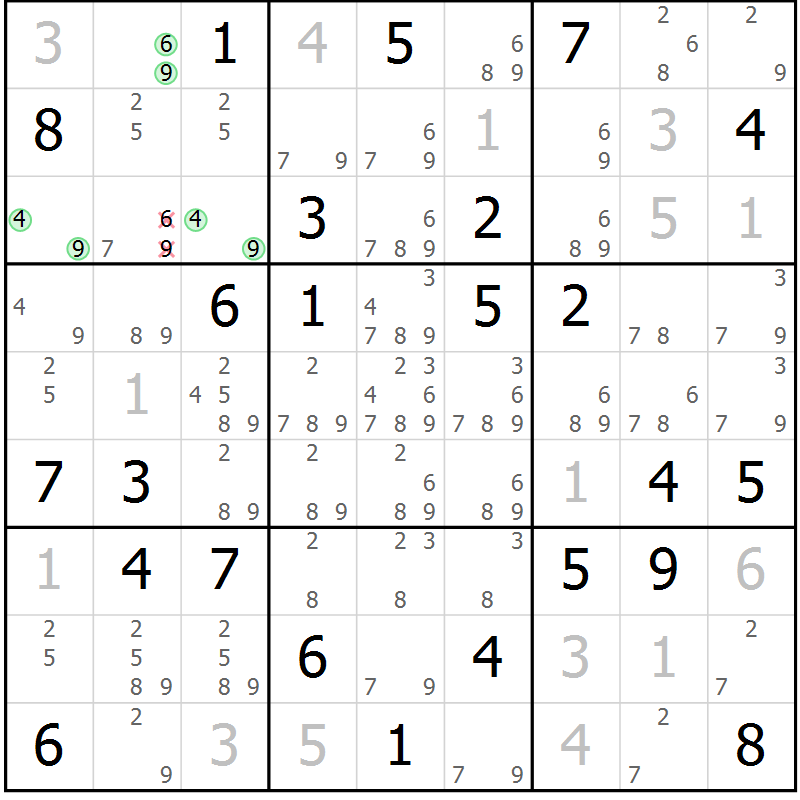 Position des candidats pour la solution de la Gr 58 page 61 du magazine de sudoku Maestro n° 103