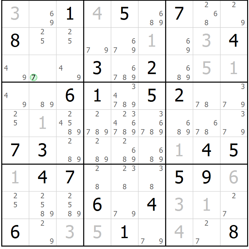 Position des candidats pour la solution de la Gr 58 page 61 du magazine de sudoku Maestro n° 103