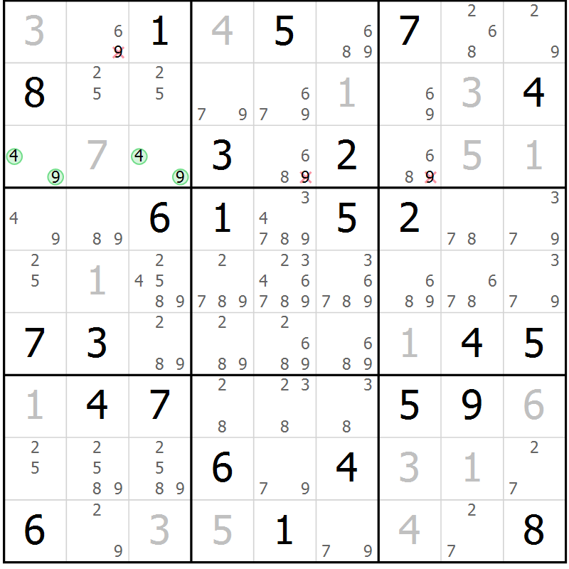 Position des candidats pour la solution de la Gr 58 page 61 du magazine de sudoku Maestro n° 103