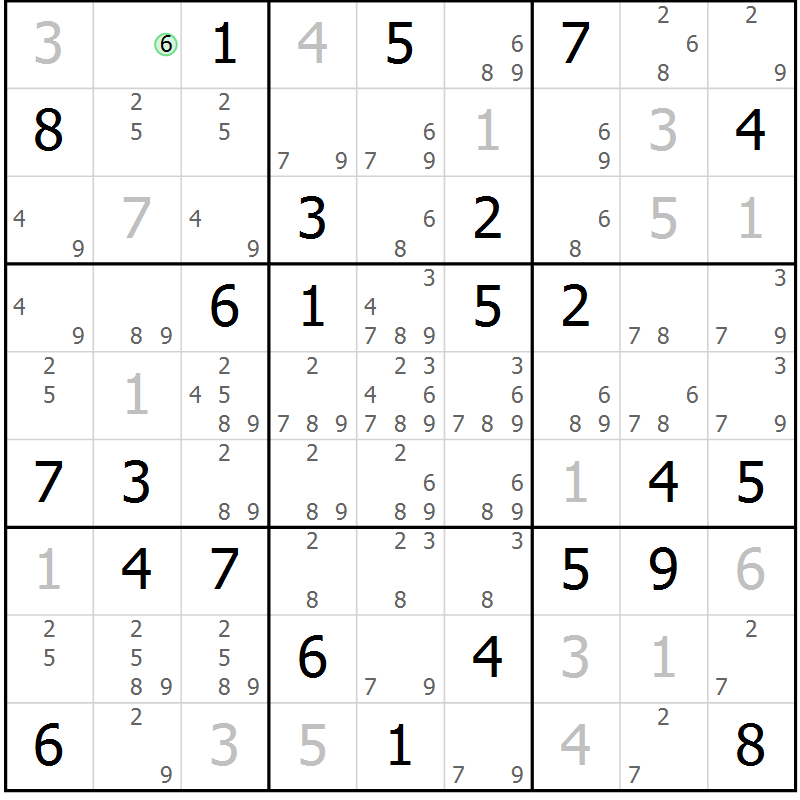 Position des candidats pour la solution de la Gr 58 page 61 du magazine de sudoku Maestro n° 103
