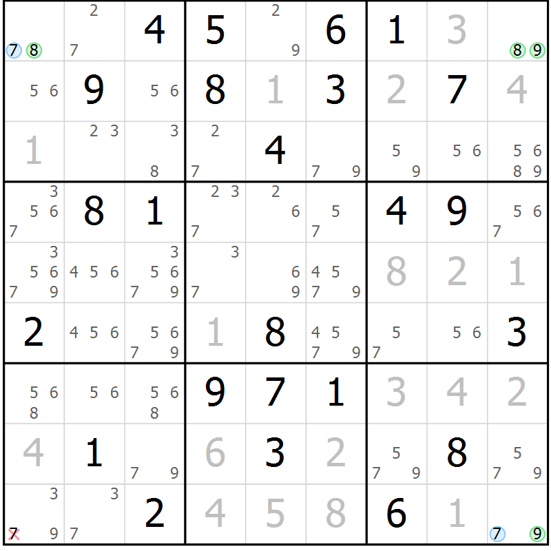 Position des candidats pour la solution de la Gr 59 page 62 du magazine de sudoku Maestro n° 103