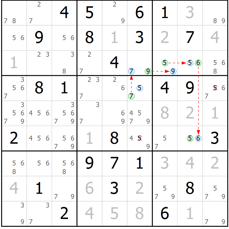 Position des candidats pour la solution de la Gr 59 page 62 du magazine de sudoku Maestro n° 103