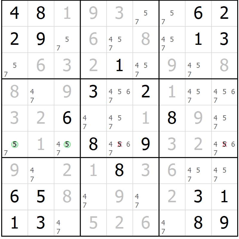 Position des candidats pour la solution de la Gr 6 page 9 du magazine de sudoku Maestro n° 103