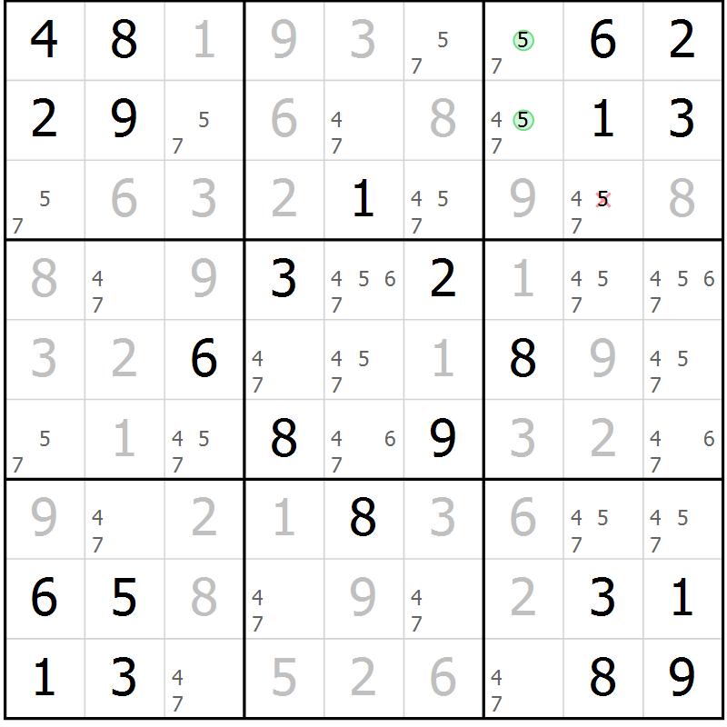 Position des candidats pour la solution de la Gr 6 page 9 du magazine de sudoku Maestro n° 103