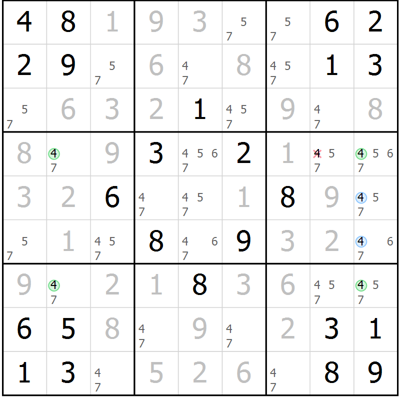 Position des candidats pour la solution de la Gr 6 page 9 du magazine de sudoku Maestro n° 103