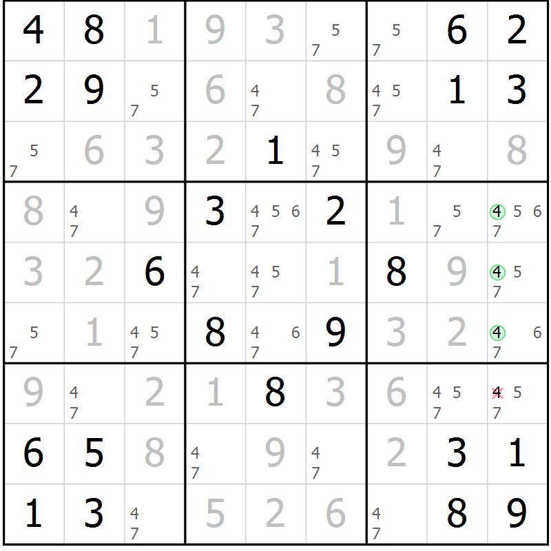 Position des candidats pour la solution de la Gr 6 page 9 du magazine de sudoku Maestro n° 103