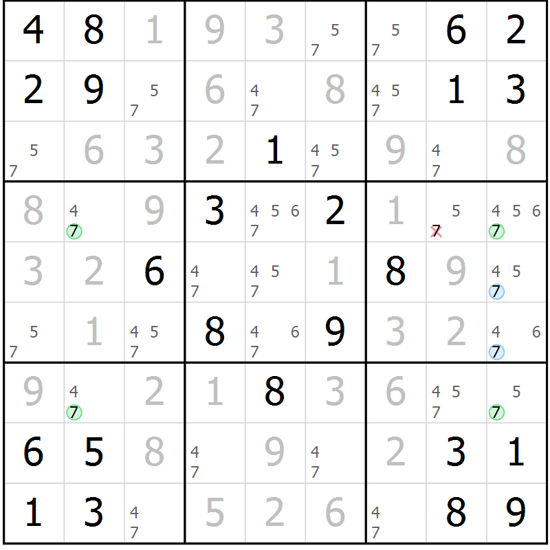Position des candidats pour la solution de la Gr 6 page 9 du magazine de sudoku Maestro n° 103