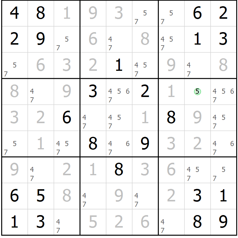 Position des candidats pour la solution de la Gr 6 page 9 du magazine de sudoku Maestro n° 103