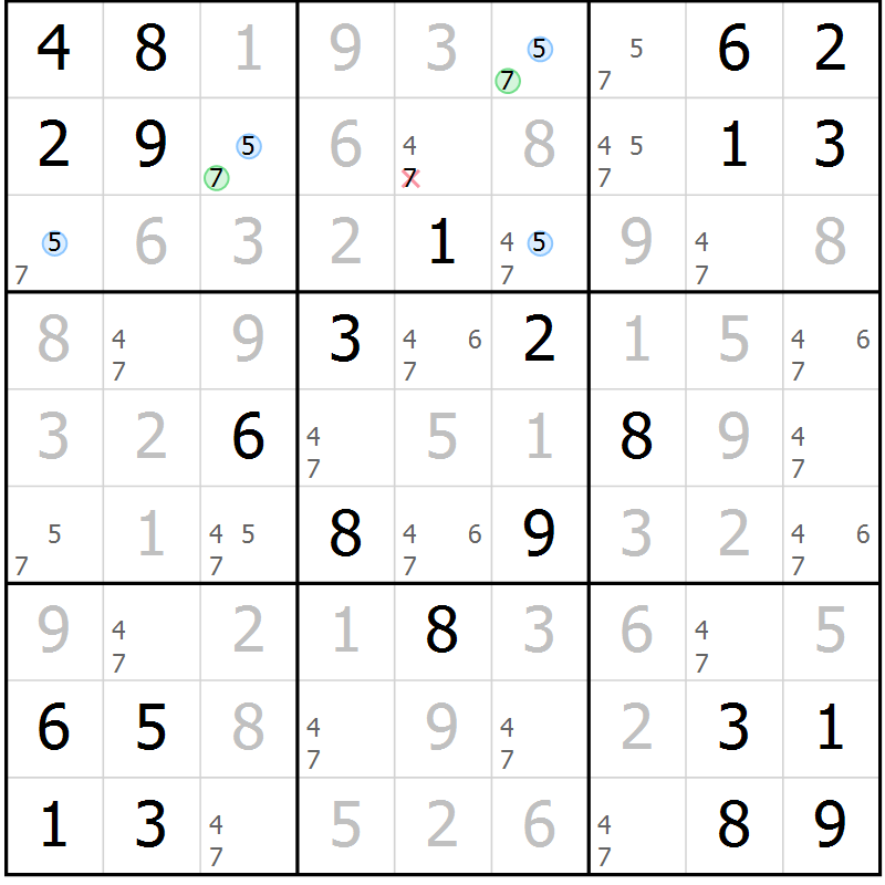 Position des candidats pour la solution de la Gr 6 page 9 du magazine de sudoku Maestro n° 103