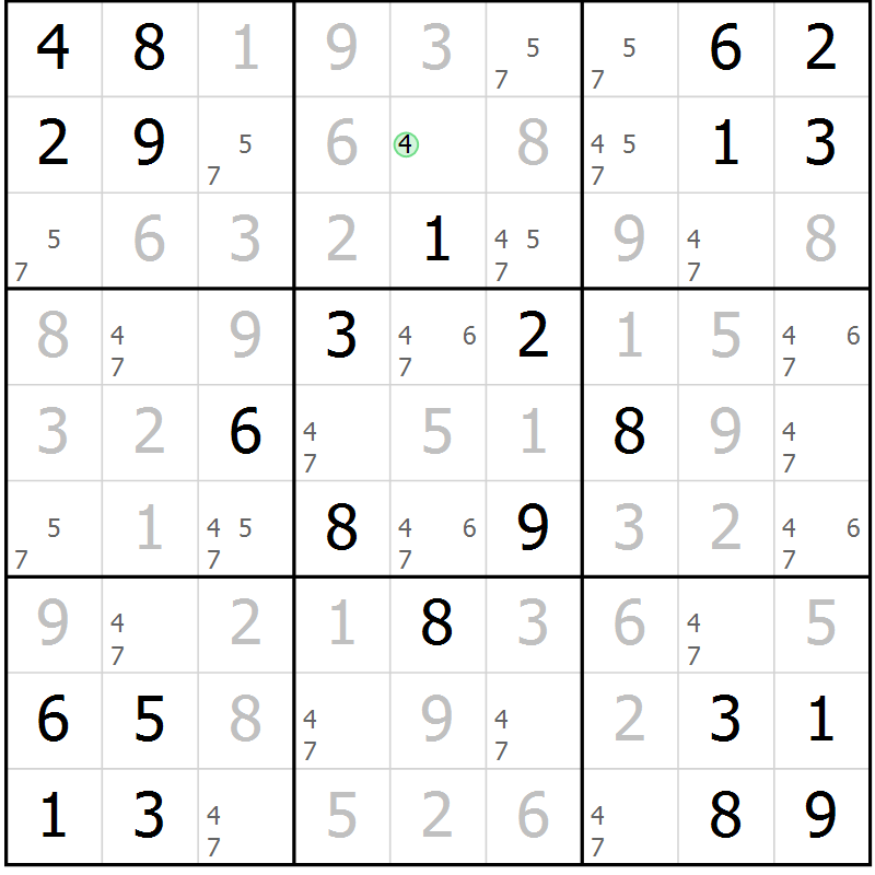Position des candidats pour la solution de la Gr 6 page 9 du magazine de sudoku Maestro n° 103