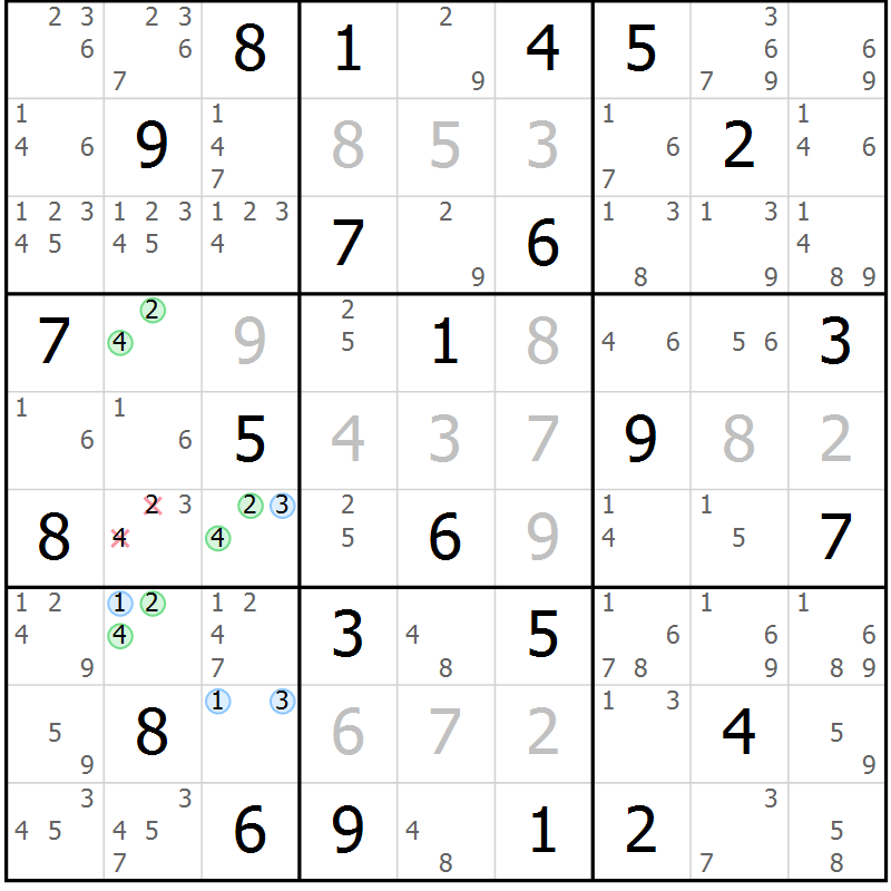 Position des candidats pour la solution de la Gr 60 page 63 du magazine de sudoku Maestro n° 103
