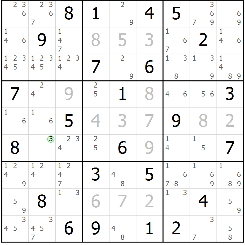 Position des candidats pour la solution de la Gr 60 page 63 du magazine de sudoku Maestro n° 103