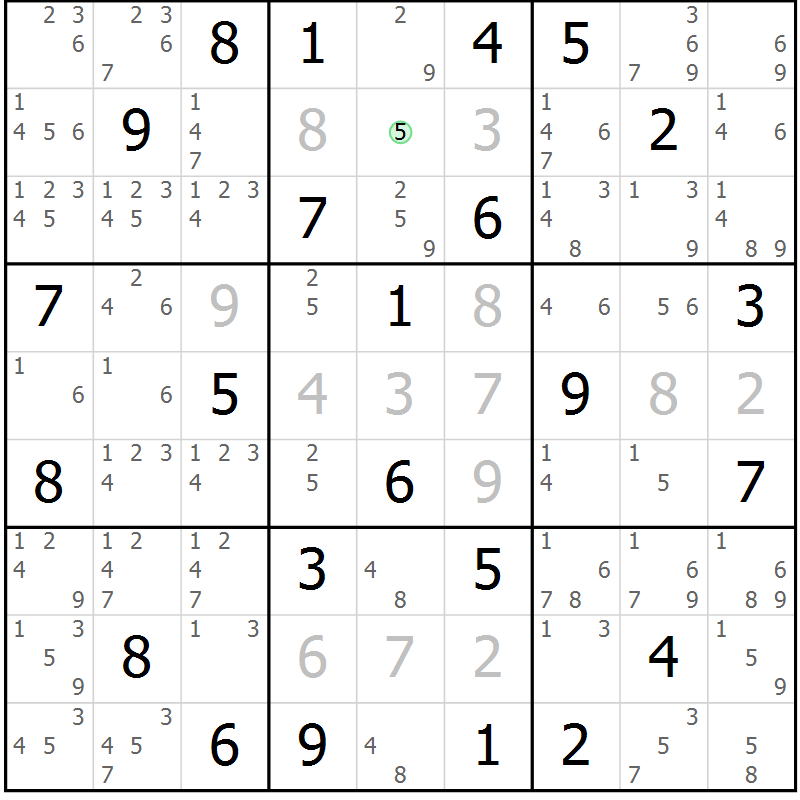 Position des candidats pour la solution de la Gr 60 page 63 du magazine de sudoku Maestro n° 103