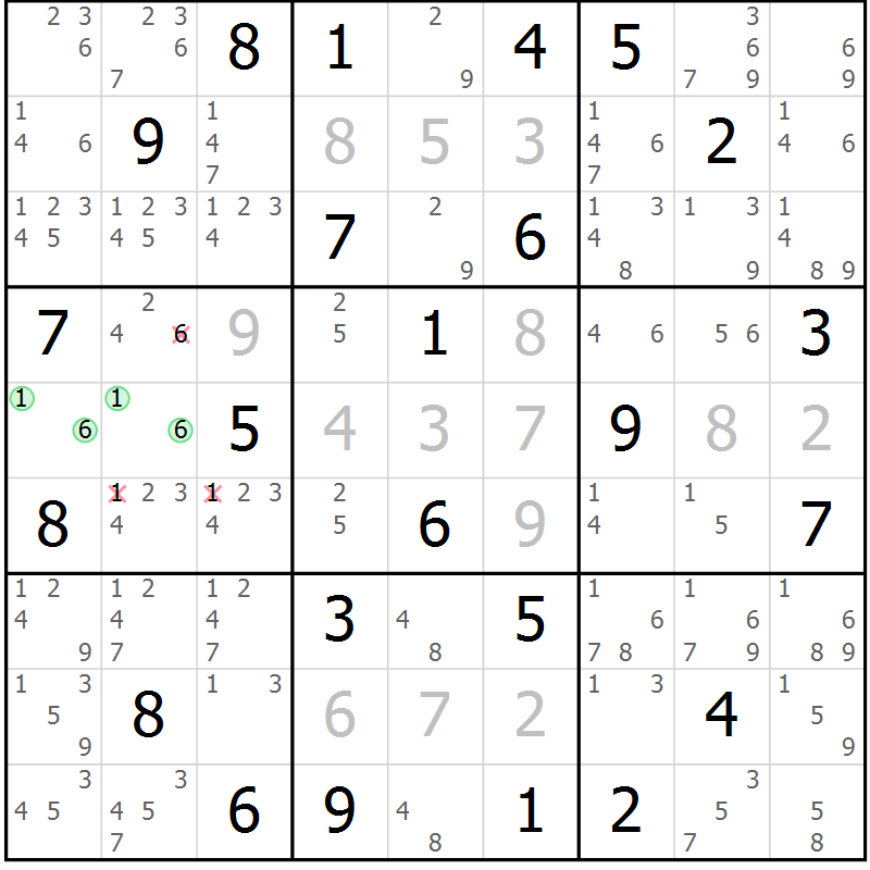 Position des candidats pour la solution de la Gr 60 page 63 du magazine de sudoku Maestro n° 103