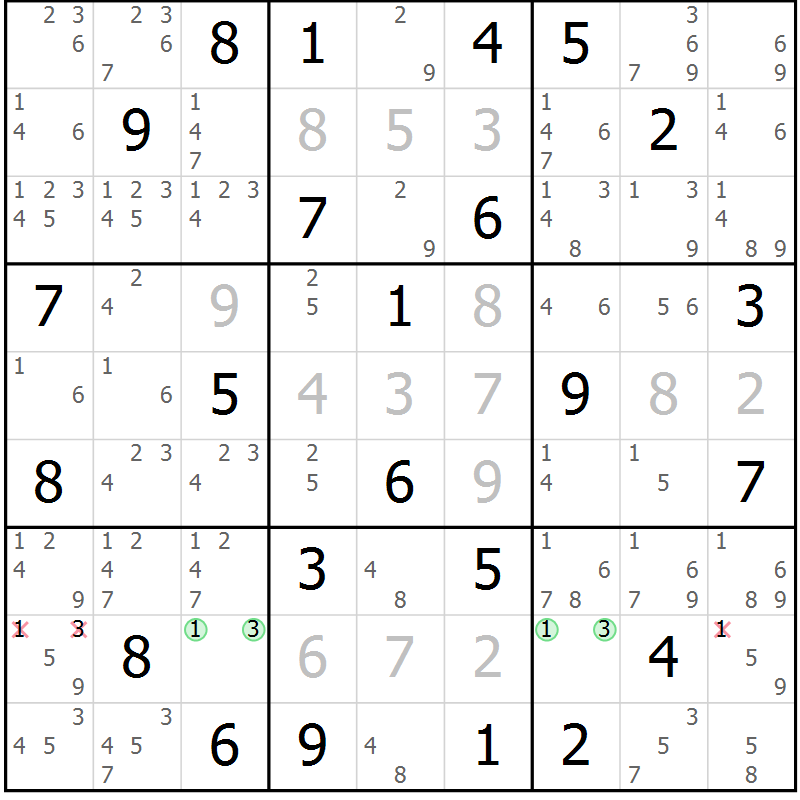 Position des candidats pour la solution de la Gr 60 page 63 du magazine de sudoku Maestro n° 103