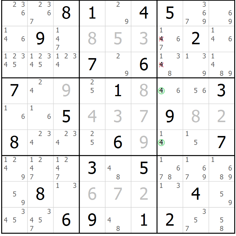 Position des candidats pour la solution de la Gr 60 page 63 du magazine de sudoku Maestro n° 103