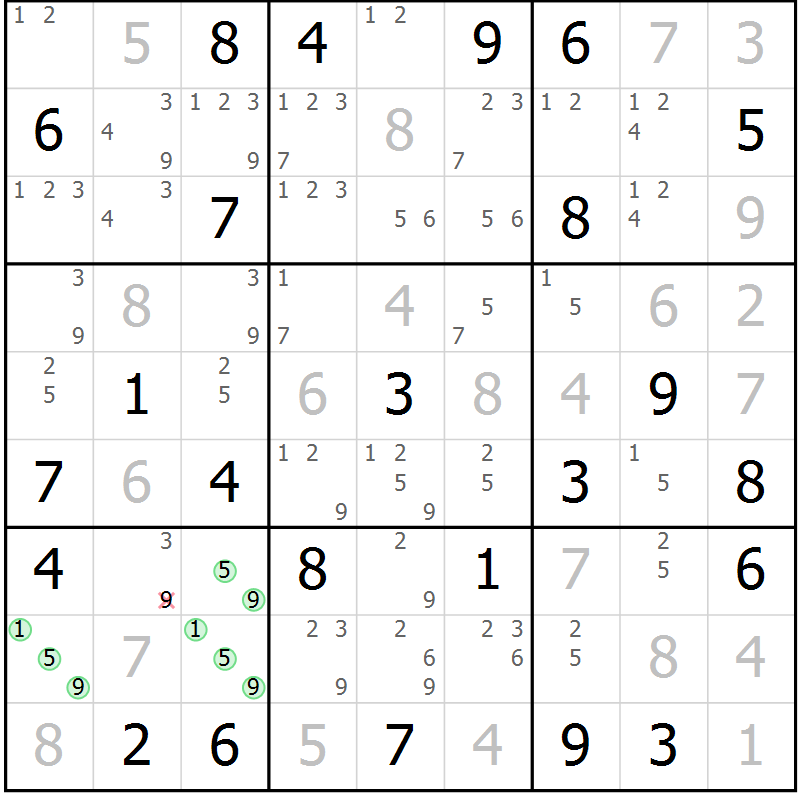 Position des candidats pour la solution de la Gr 62 page 65 du magazine de sudoku Maestro n° 103