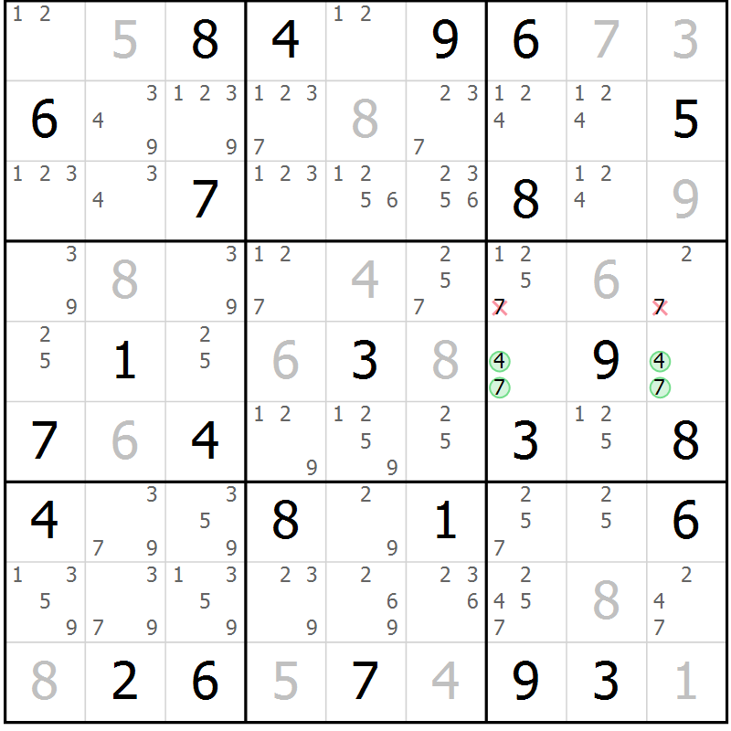 Position des candidats pour la solution de la Gr 62 page 65 du magazine de sudoku Maestro n° 103